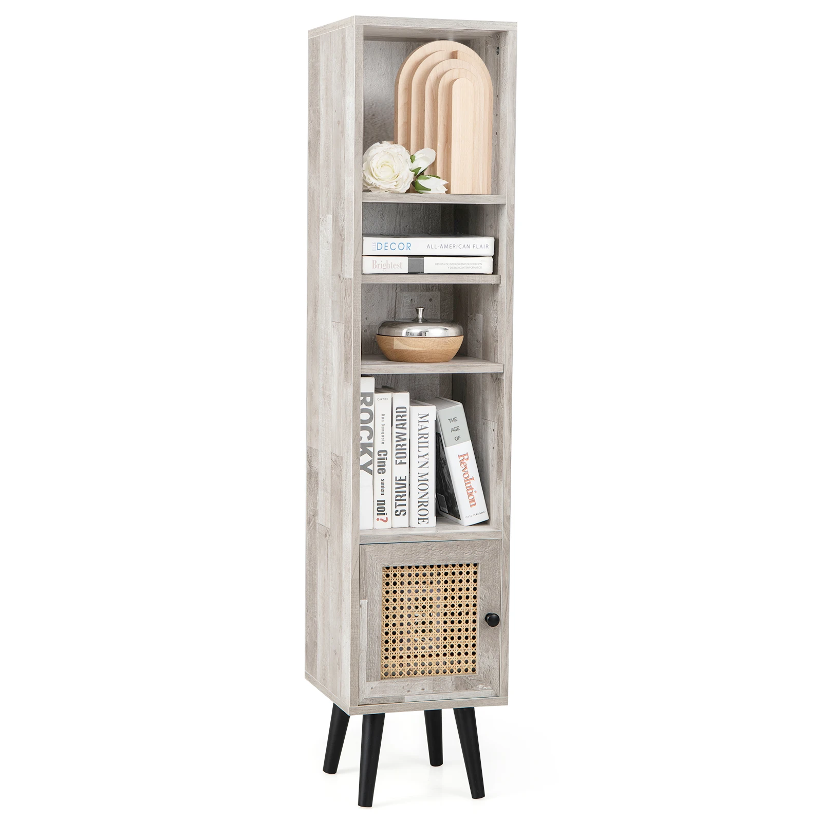 GOFLAME Slim Tall Rattan Storage Cabinet, Boho Accent Bookshelf w/ Rattan Door, 12-Position Adjustable Shelf & Solid Wood Legs