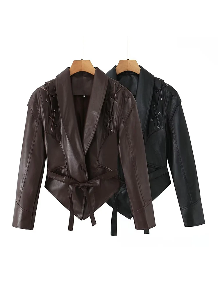 

European and American style women's clothing autumn new fashion slim fit versatile belt motorcycle leather jacket