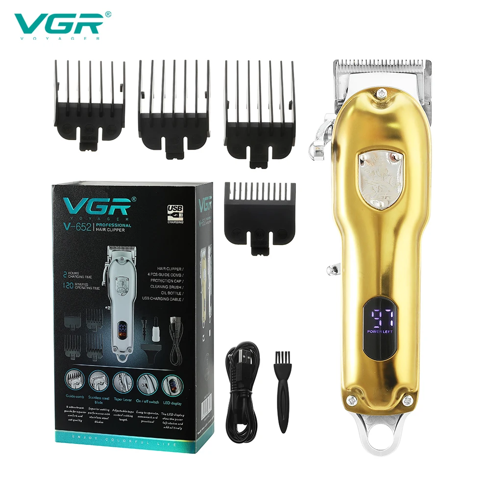 VGR metal hair trimmer electric hair clipper USB intelligent digital hair clipper hair salon home electric push shear V-652