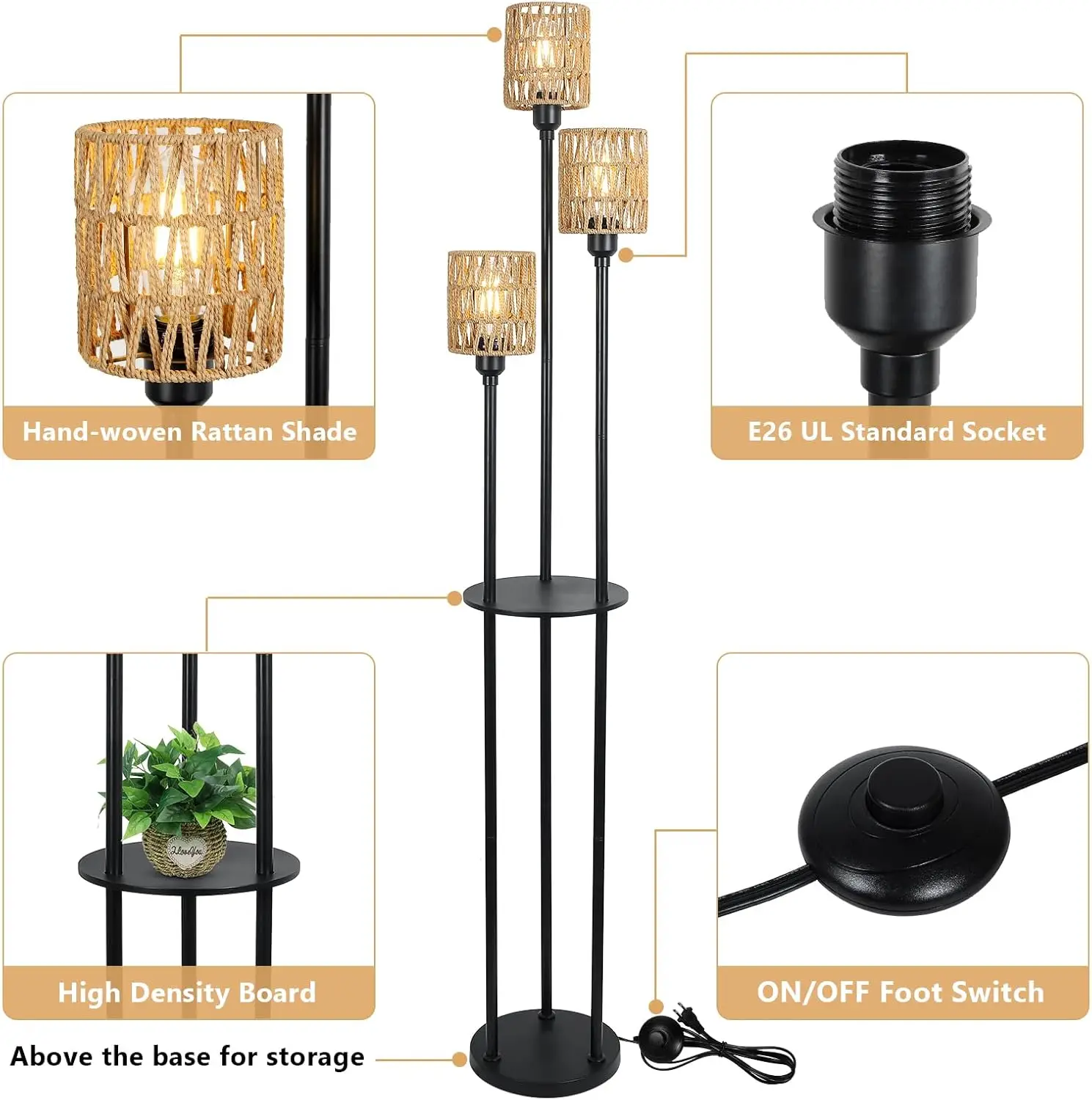 Boho Floor Lamp With Shelves, 3-Lights Farmhouse Tall Floor Lamp With On/Off Foot Switch, Rustic Standing Lamp With Rattan