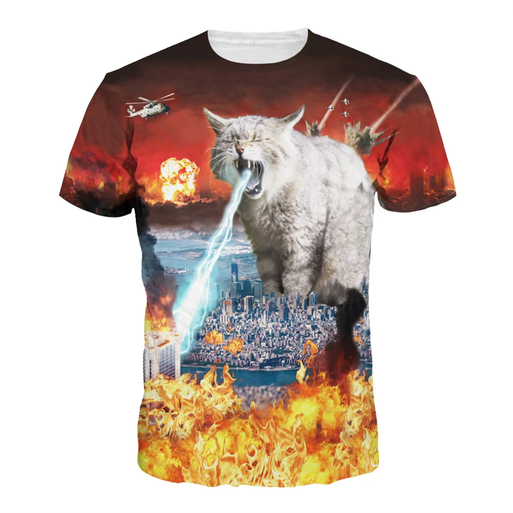 Trendy Unisex Funny Surreal Cat 3D Print T‑Shirt Men Women Space Volcano Short‑Sleeve Tops Weird Humor Novelty Street‑Style Tees