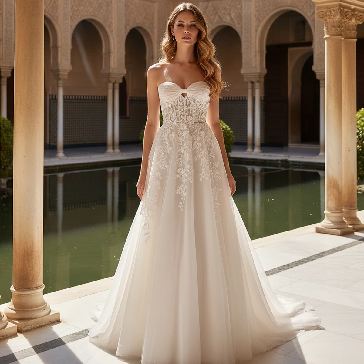 

Luxury Lace Strapless Wedding Dress For Women Long Tulle Bridal Gown For Bride A Line Appliques Ball Gown Vestidos Novia