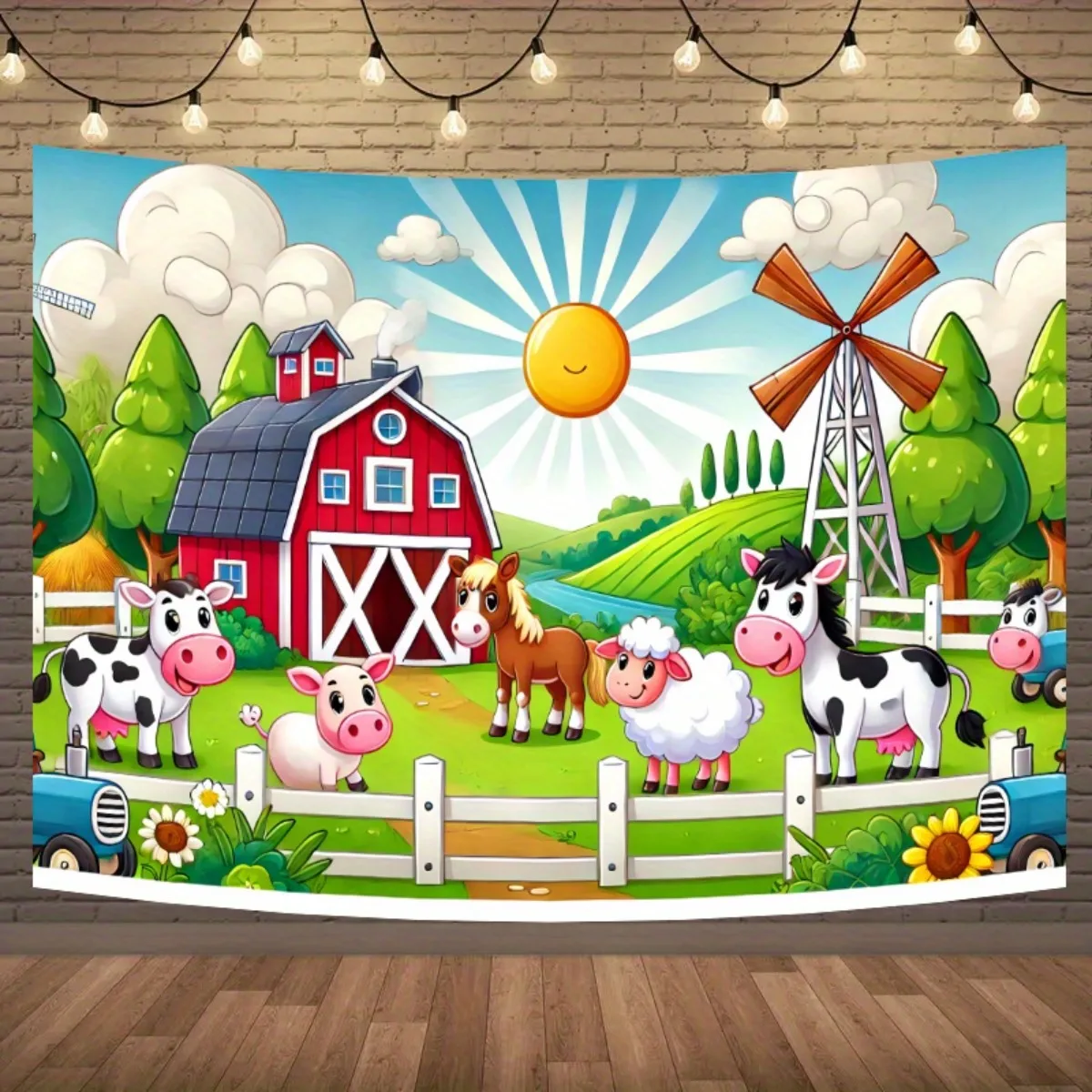 Design plat 2D, 1 pièce avec un fond coloré d'animaux de la ferme, adapté aux événements festifs, aux anniversaires et aux mariages