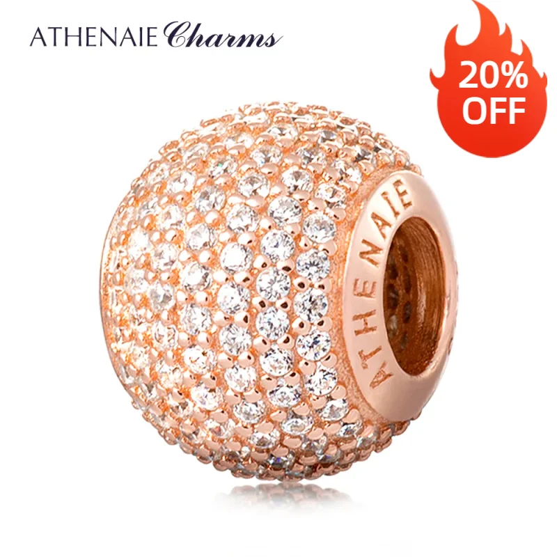 ATHENAIE 925 Silver with Pave Clear CZ Romantic Love Charm Beads Fit All European Bracelets Necklace Color Rose Gold Jewelry