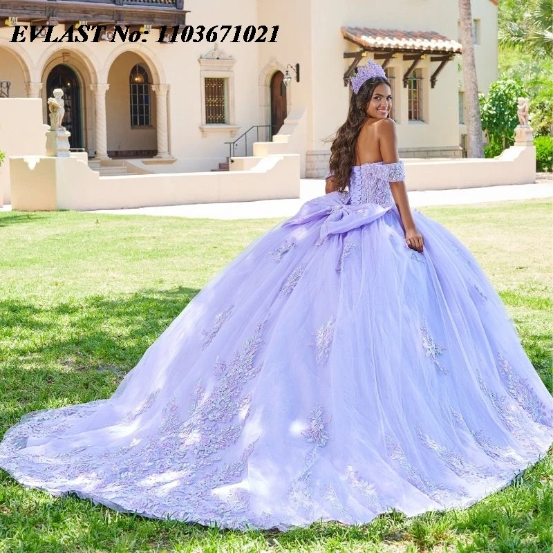 Evlast Mexican Lavendel Quinceanera Jurk Baljurk Gezwollen Mouw Applique Kralenstrik Sweet 16 Vestidos De Xv 15 Anos Sq113