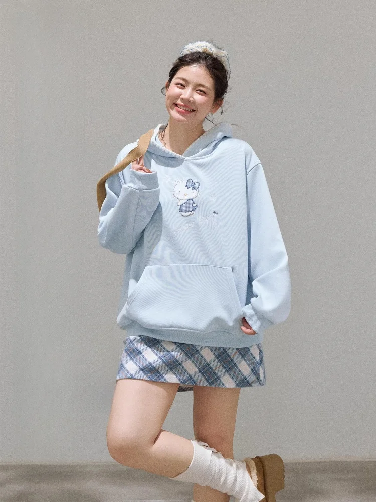 Conjunto de Sudadera Azul Entallada y Falda a Cuadros para Mujer, Otoño Invierno, Talla Grande, Estilo Coreano, Cuello Redondo, Falda de Cintura Alta en Línea A