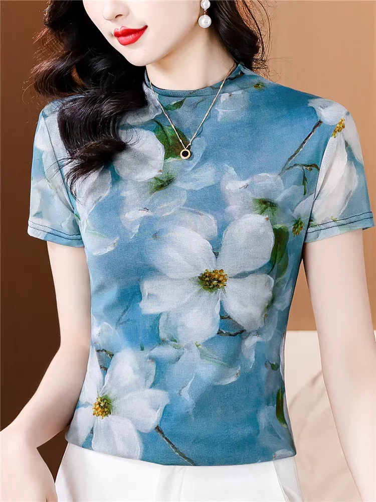 T Shirts Women Clothing 2024 Spring Summer New Slim Tee Shirt Femme Fashion Floral Print Mesh Tops M-4XL