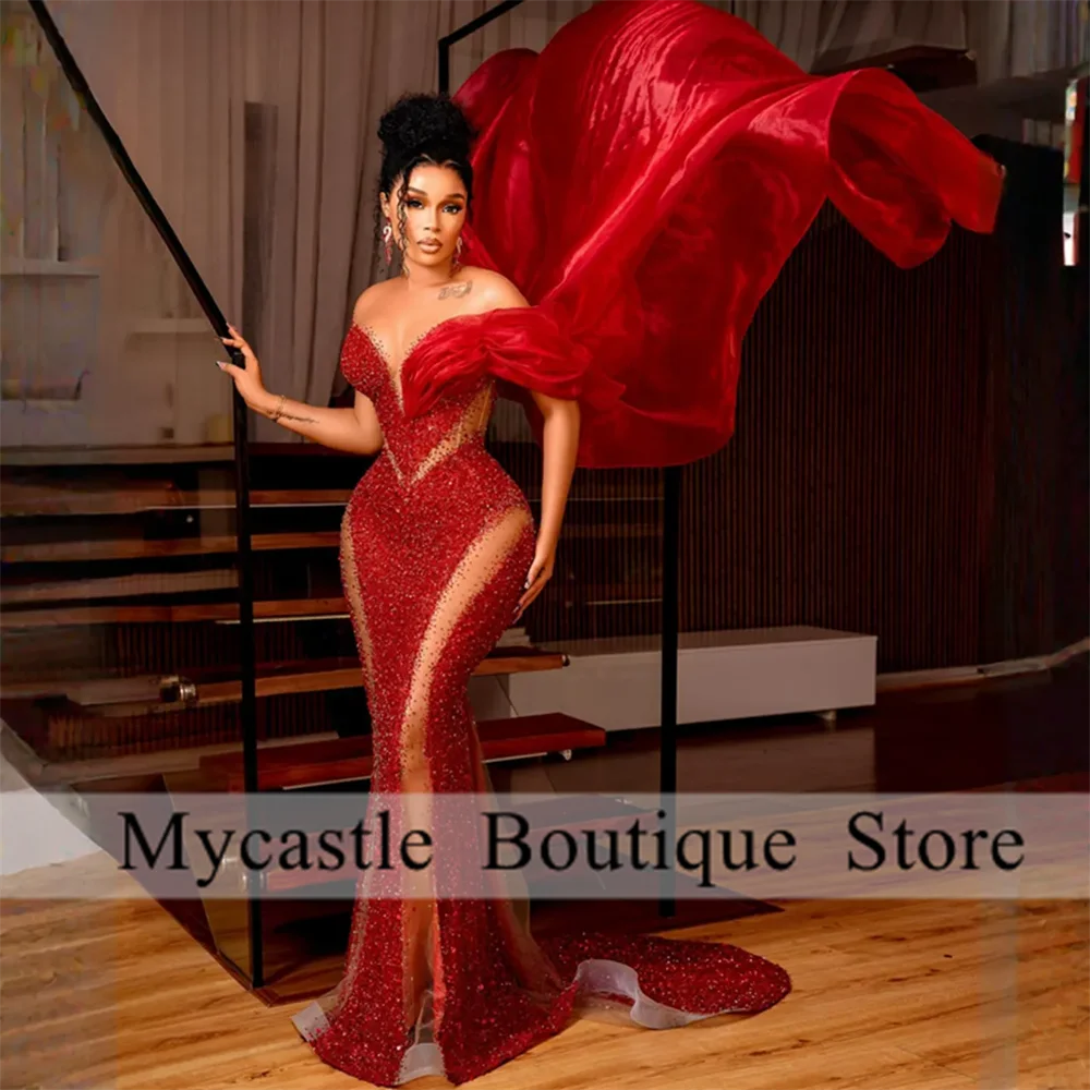 Elegan Red Beaded Lace Mermaid Evening Dresses 2024 African Luxury For Women Prom Dress Wedding Party Dresses Aso Ebi