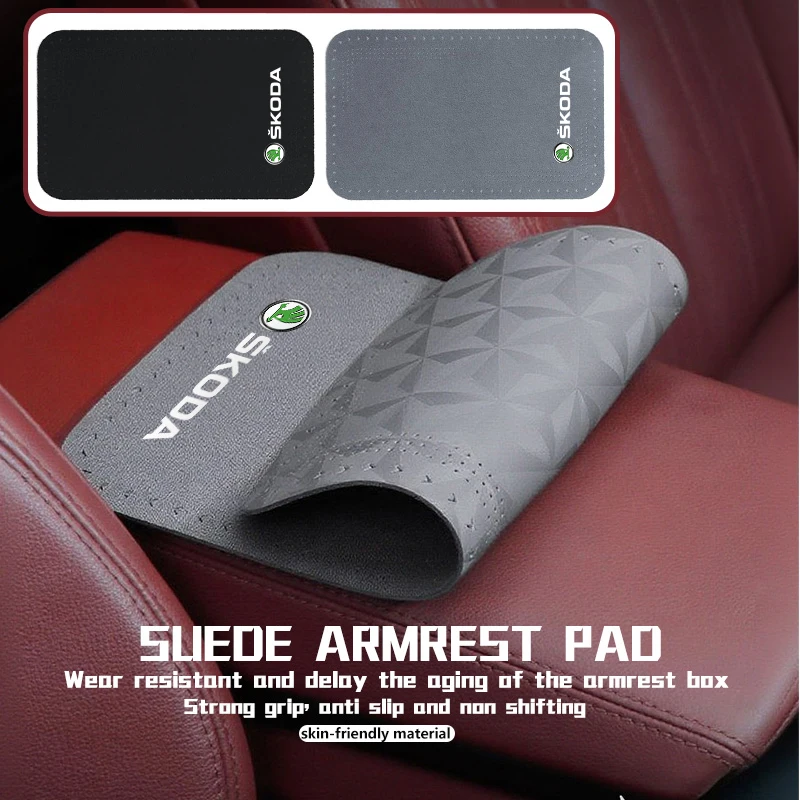For Skoda Car Armrest Box Pad Suede Auto Armrest Mat Car Accessories Kamiq MK3 Roomster Rapid Kodiaq Karoq Fabia Enyaq