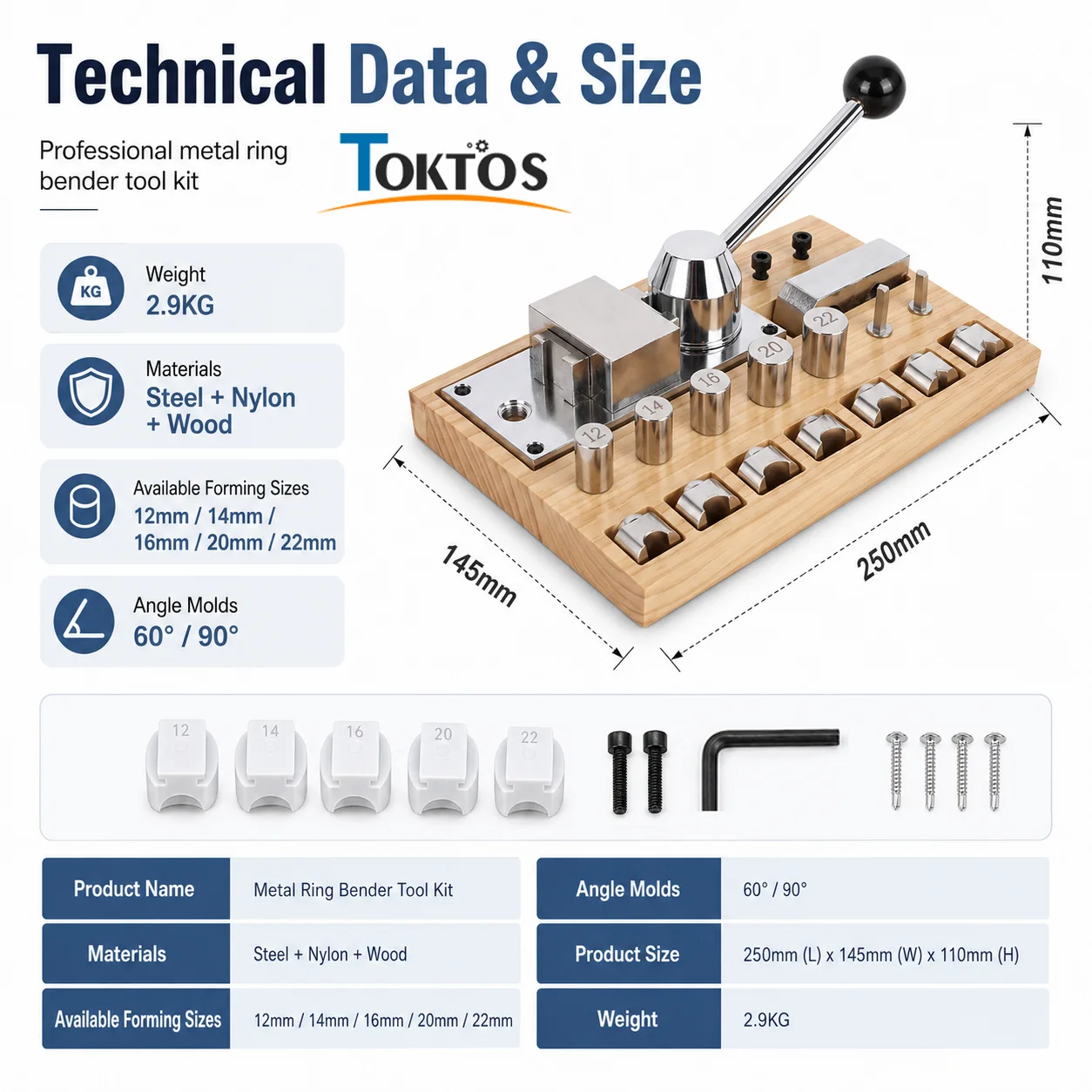 TOKTOS Manual Ring Bending Tool 12-22mm with 5 Nylon Dies Ring Bender Forming Machine for Gold Silver Copper Jewelry Making