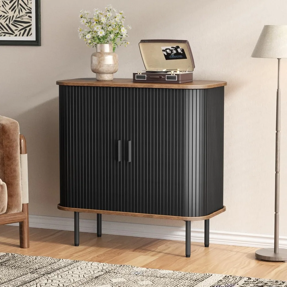 31''W Storage Cabinet, Fluted Sideboard Buffet Cabinet with Storage, Console Table Credenza with Tambour Slatted Sliding Doors f