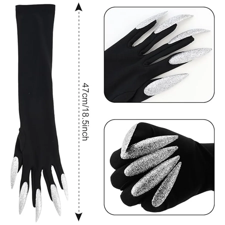Halloween Scary Claw Gloves Black Stretchy with Pointed Nails Witch Monster Costume Essential Accessories Props