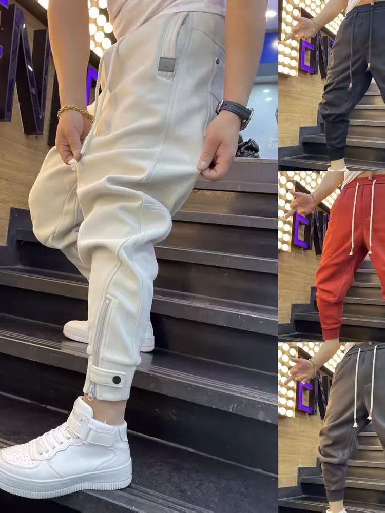 

Весенне-осенние мужские повседневные брюки, спортивные штаны с манжетами, молодежные модные прямые длинные брюки, дизайн на молнии до щиколотки