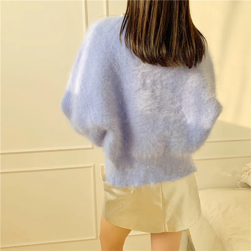 Women's Imitation Mink Sweater Spring Autumn New Bead Pearl Collar Lantern Sleeves Knitted Cardigans Gentle Elegant Coats