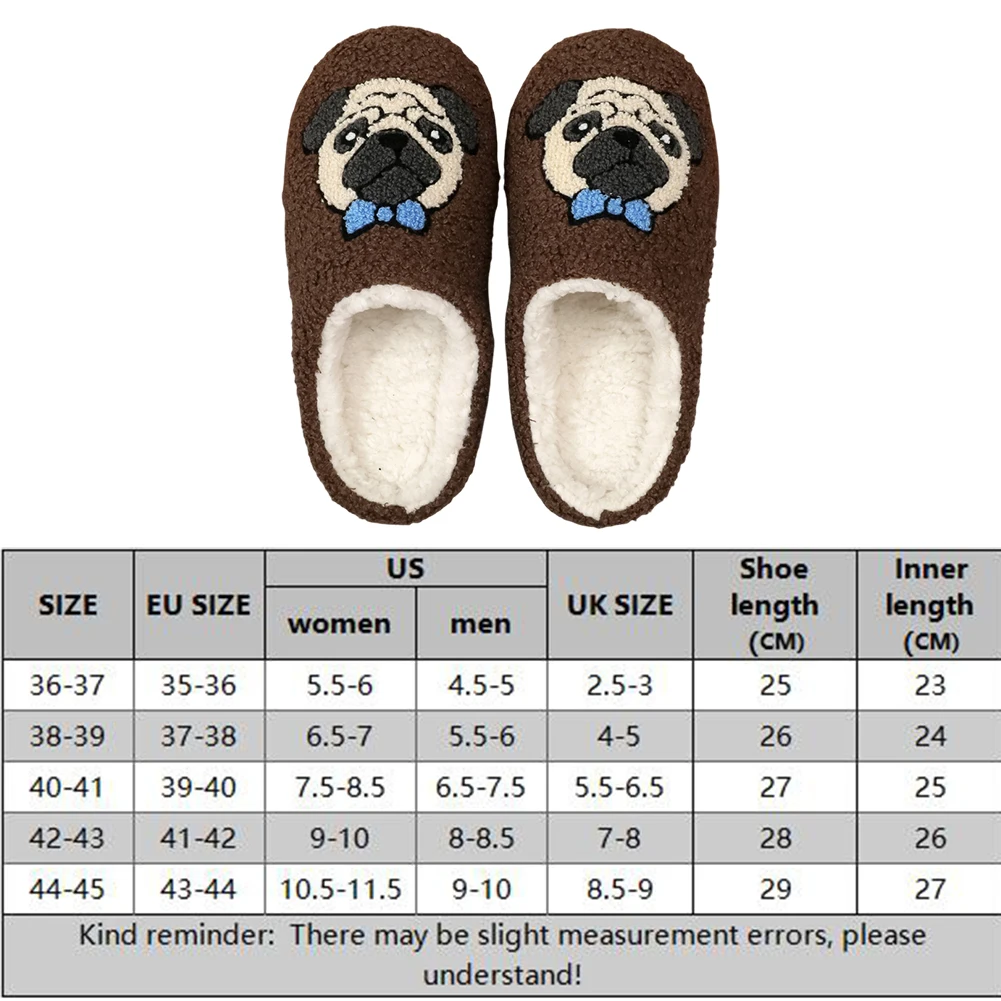 Pug Pattern Flat Thermal Slippers Anti Slip Comfortable Furry Slippers Thick-Soled Fluffy Home Slippers Gift for Friends