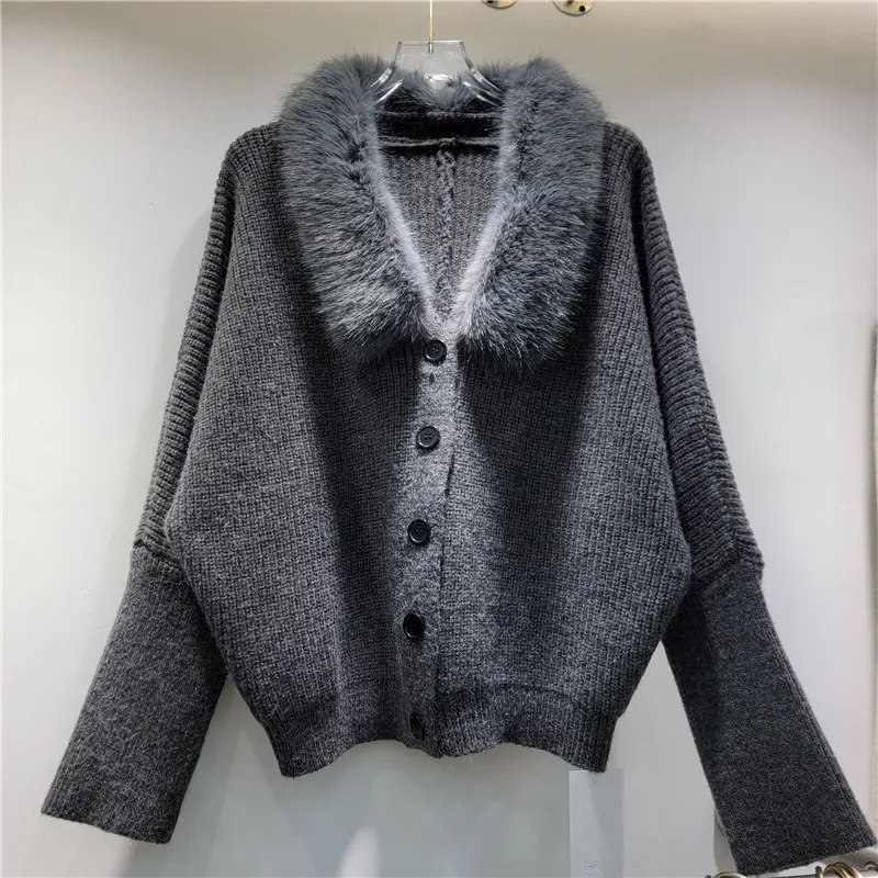 Clothland Women Sweet Knitting Fur Spliced Cardigan Detachable Fur Collar Long Sleeve Sweater Jacket Retro Loose Coat CB387