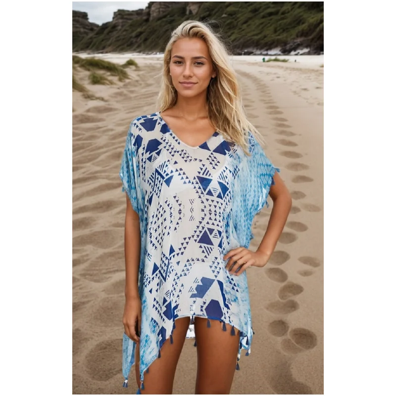 

Sexy Bikini Cover Up With Tassels Silk Chiffon Beach Dress Sun Protection Cover-Up Vacation Swimsuit for Women