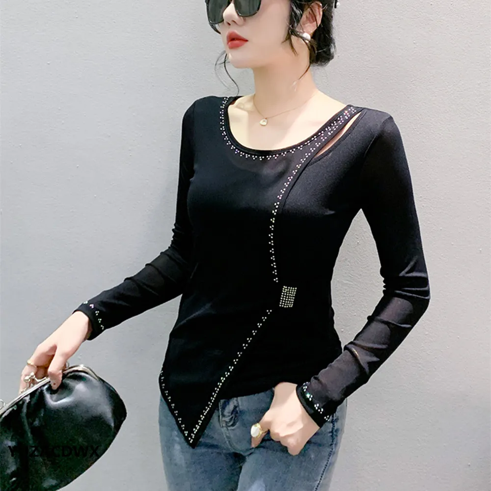 2024 Autumn Women T Shirt New Fashion Round Neck Slim Mesh Tops Long Sleeve Cross Hollow hot Diamond Casual Tees