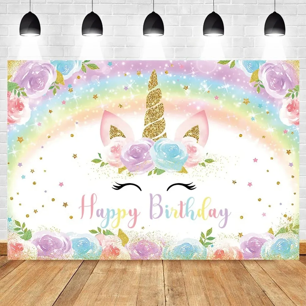 Rainbow Unicorn Background Birthday Party Custom Decoration Floral Glitter Star Flower Banner Baby Shower Photo Studio Shoots