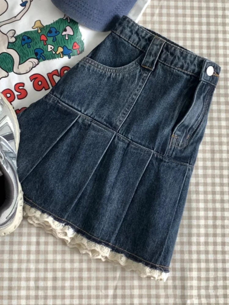 Vintage Lace Pleated Blue Denim Skirt Women Y2k Harajuku Mini Skirt Streetwear Spring Summer New A Line Tight 2000s Clothes