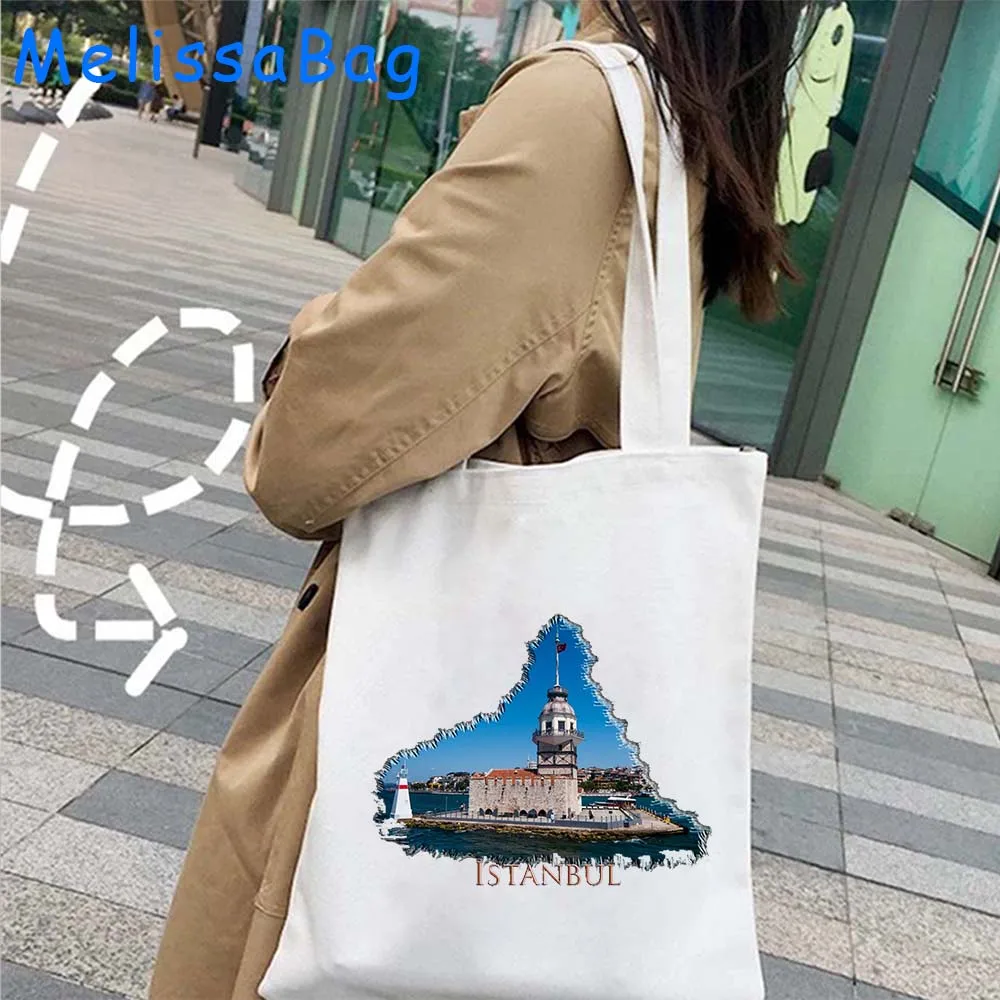 Aquarela Pintura Bolsas, Travel Tote Bag, Viagem Lembrança, Urdu, Sultan, Ahmed, Mesquita, Torre de Galata, Ancara, Turquia, Skyline Cidade