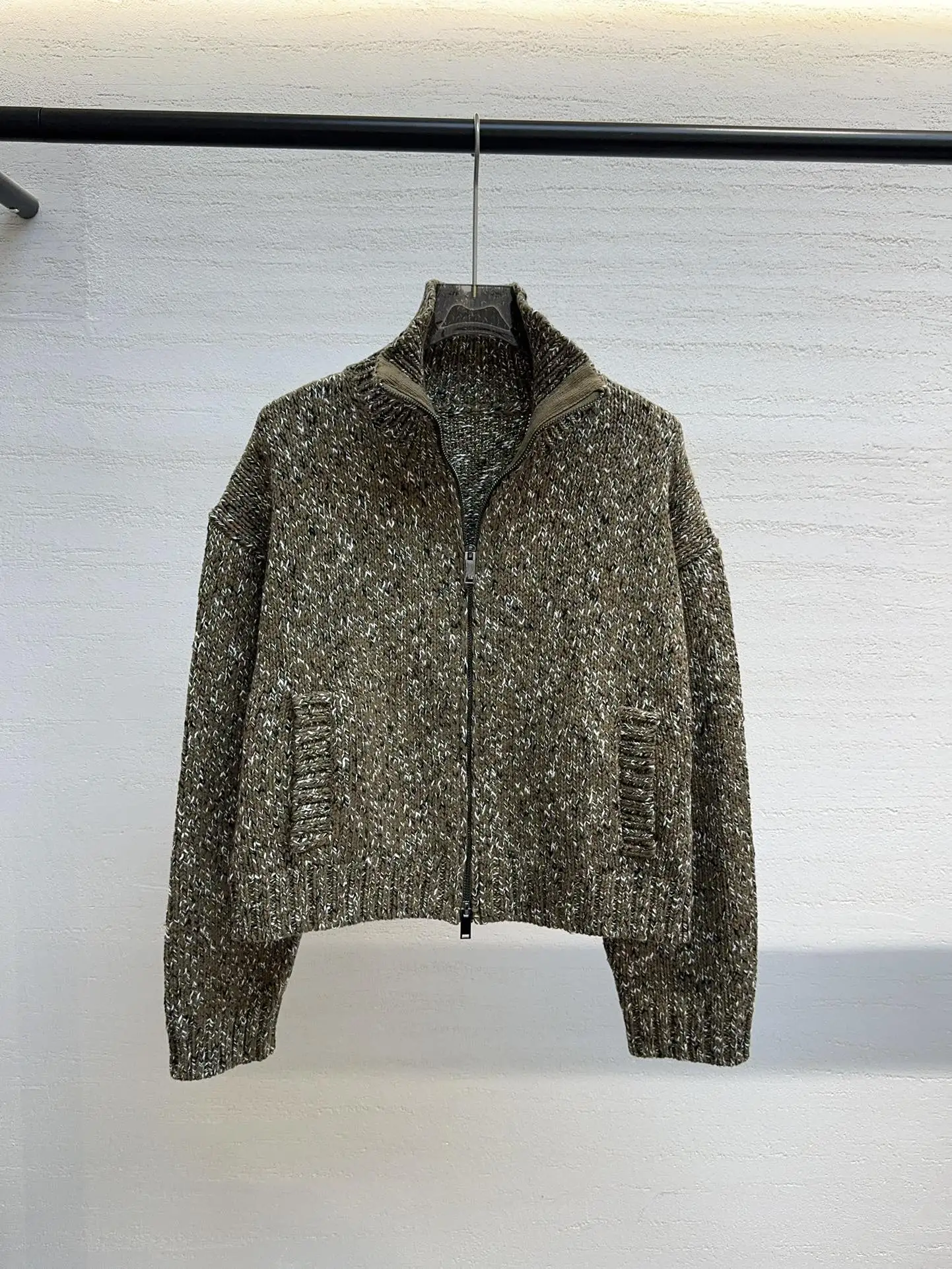 High quality wool texture double zipper knitted sweater jacket stand collar women's jacket