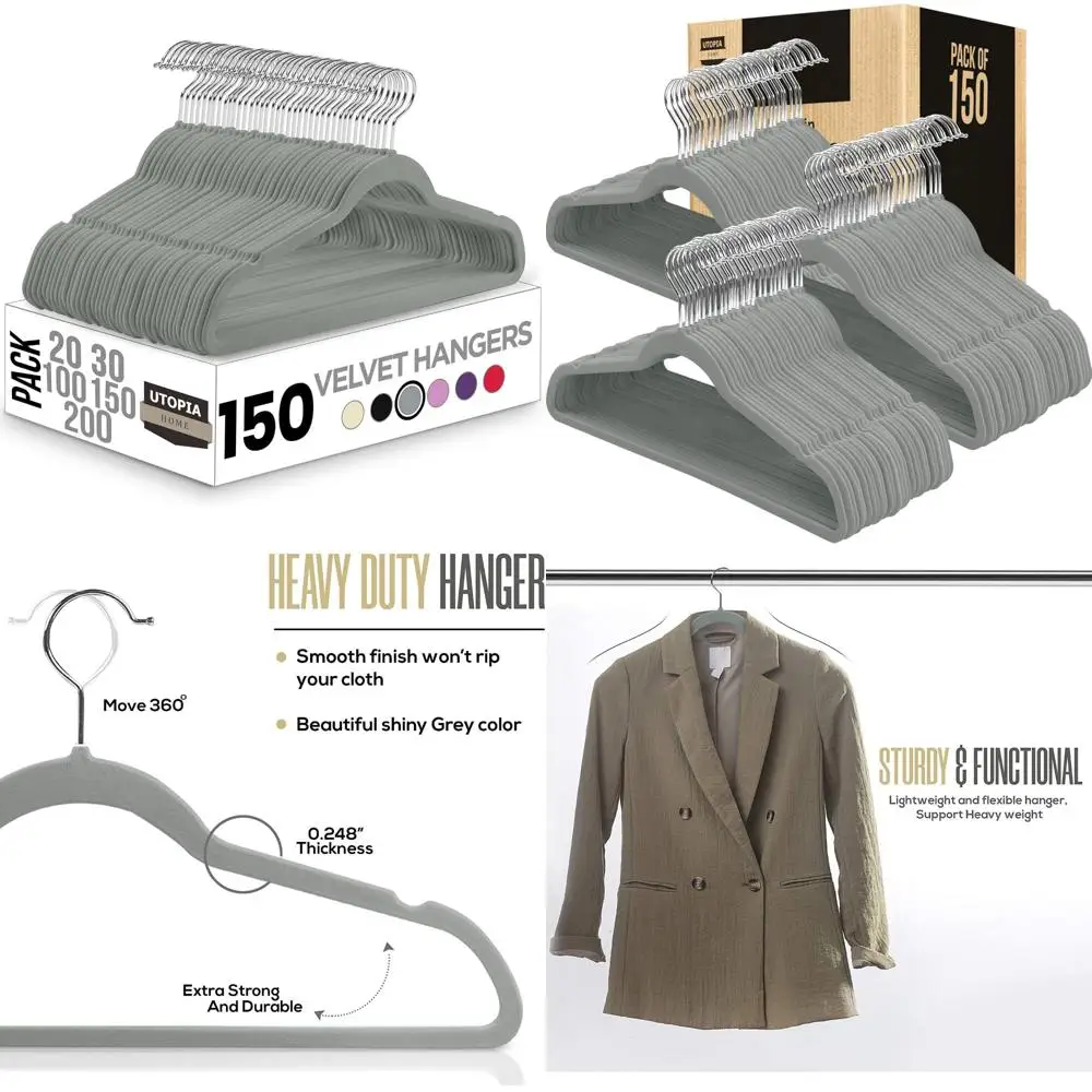 شماعات بدلة مخملية غير قابلة للانزلاق مكونة من 150 قطعة - خطاف قابل للدوران للسراويل والمعاطف والقمصان والمزيد - منظم ملابس عالي الجودة #1