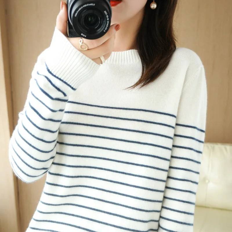 2022Early Autumn Low round Neck Half-Length Striped Sweater Women\'s Narrow Striped Long Sleeve Knitted Bottoming Shirt Slimming