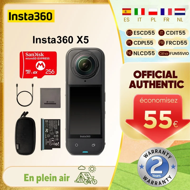 Nouvelle Insta360 X5 360 °   Caméra 8K étanche pour faible luminosité, effet bâton de selfie invisible, objectif remplaçable, batterie 3H