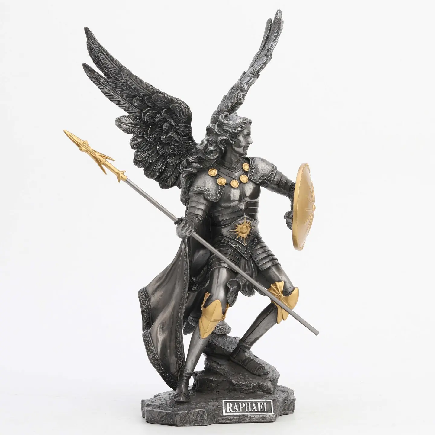 Archangel Raphael Statue Resin Antique Black Gold Winged Warrior Angel Figurine With Spear And Shield Sculpture Desktop Ornament