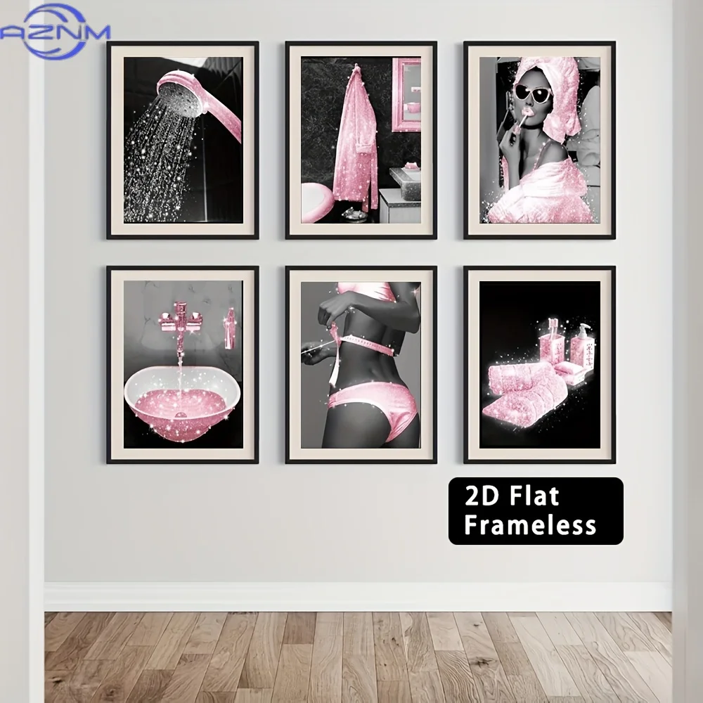 6pcs Frameless Bathroom Wall Decoration Printed Materials, Black and White Pink Charming Flash Poster Pictures and Photos, Fun B