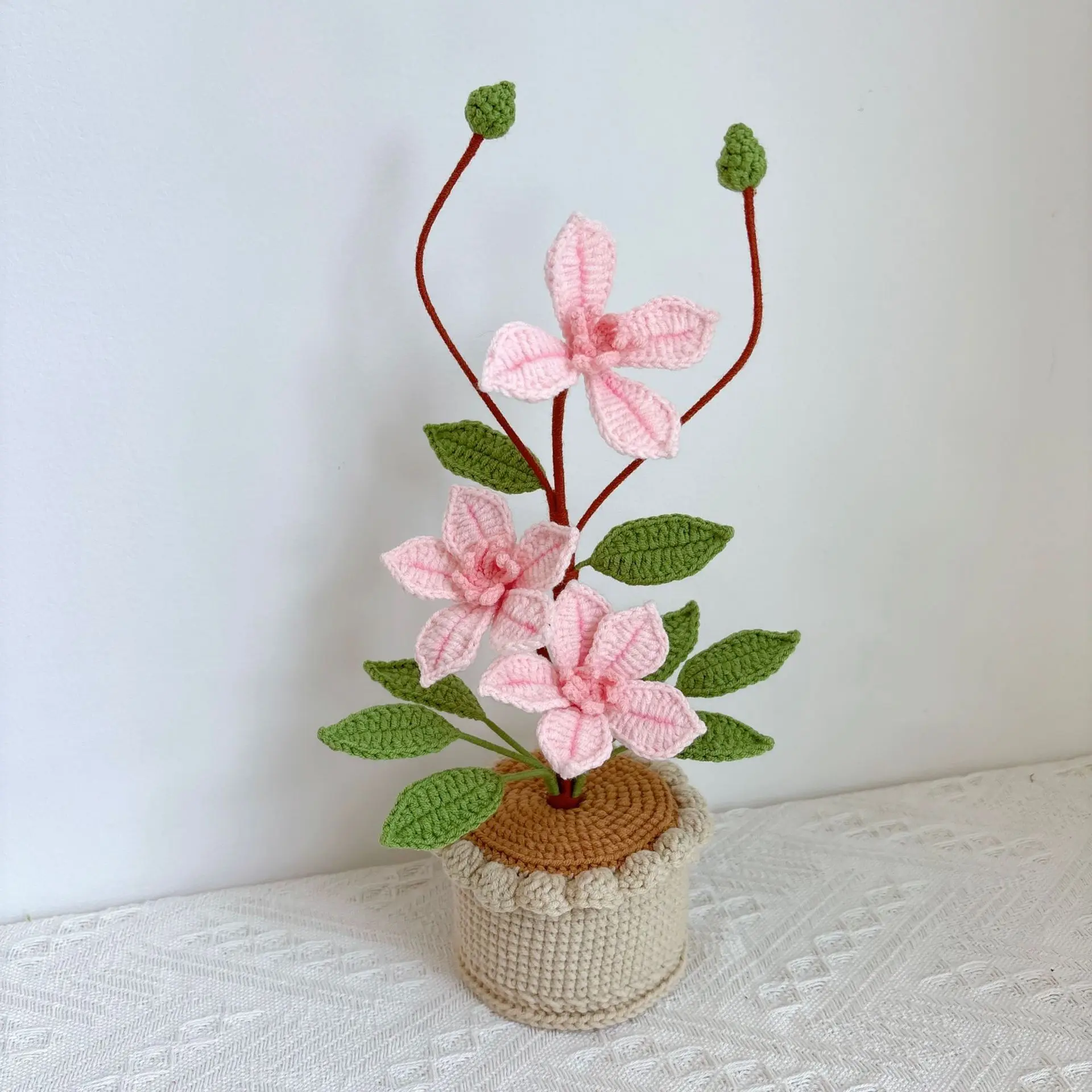 Fertig handgewebter Blumentopf, kreativer künstlicher Pflanzentopf, hübscher gestrickter Blumentopf, Dekoration für Schreibtisch und Bücherregal, Geschenk für Freunde – Detail 3