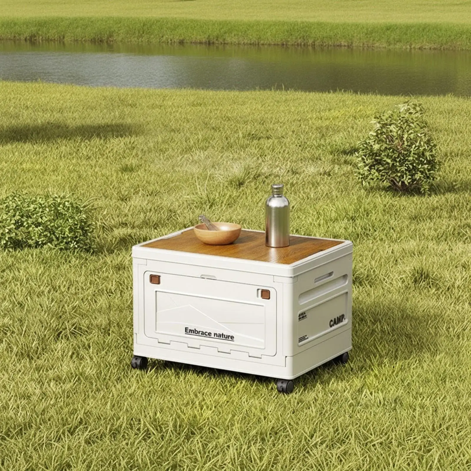 Rolling Folding Storage Locker with Wooden Top Panel for Outdoor Events Grill Tools and Picnic Necessities