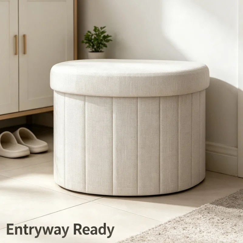 Round Storage Ottoman With Vertical Pleats For Living Room Sofa Entryway Extra Seating And Footrest Home comfort and relaxation