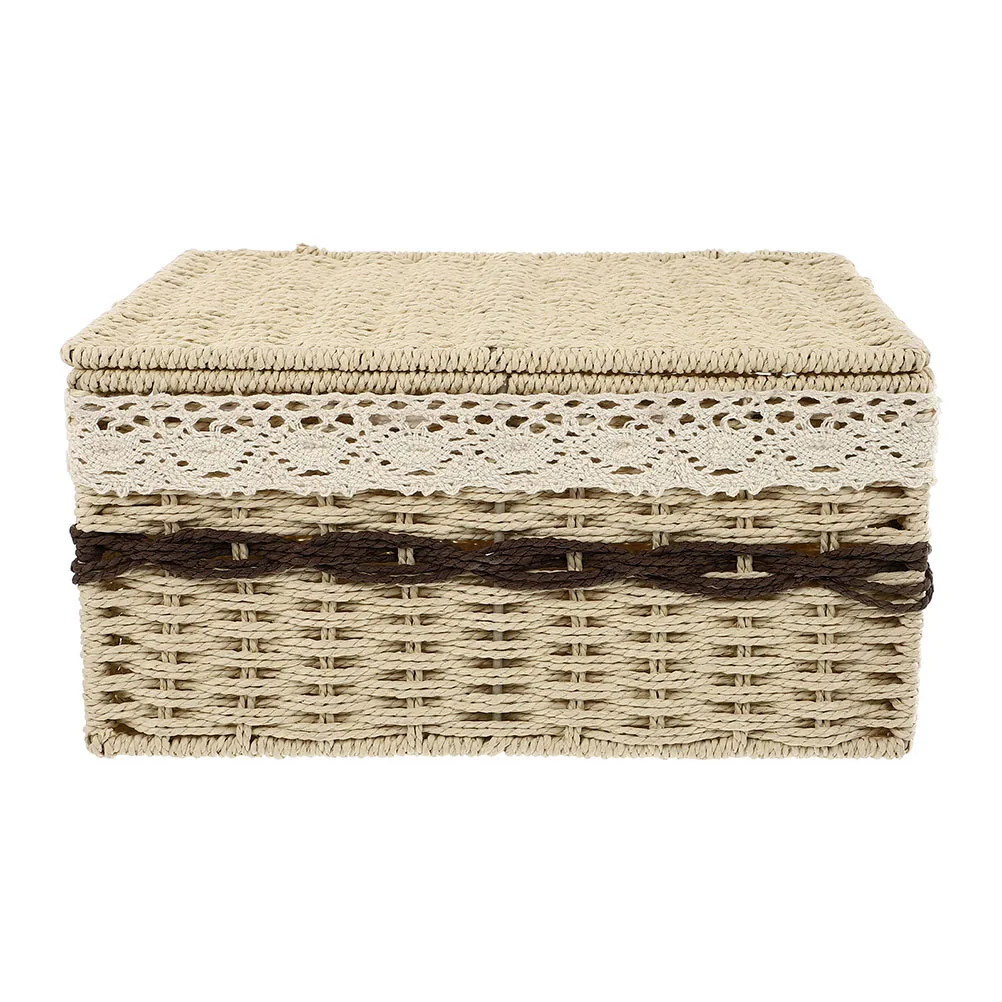 

Storage Basket Lid Straw Rope Woven Rectangular Toilet Desktop Sundries Holder Desktop Makeup Brush Holder Container Organizer