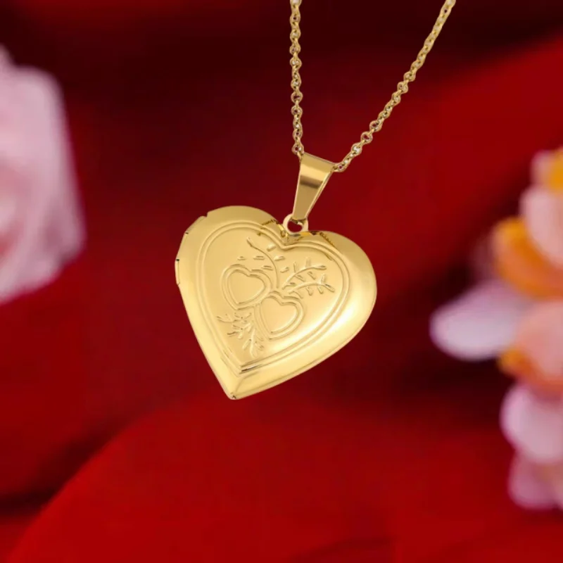

Hot Heart Locket Pendant Gold Plated Stainless Steel Chain Openable Photo Frame Memorial Necklace For Women Girl Jewelry Gift