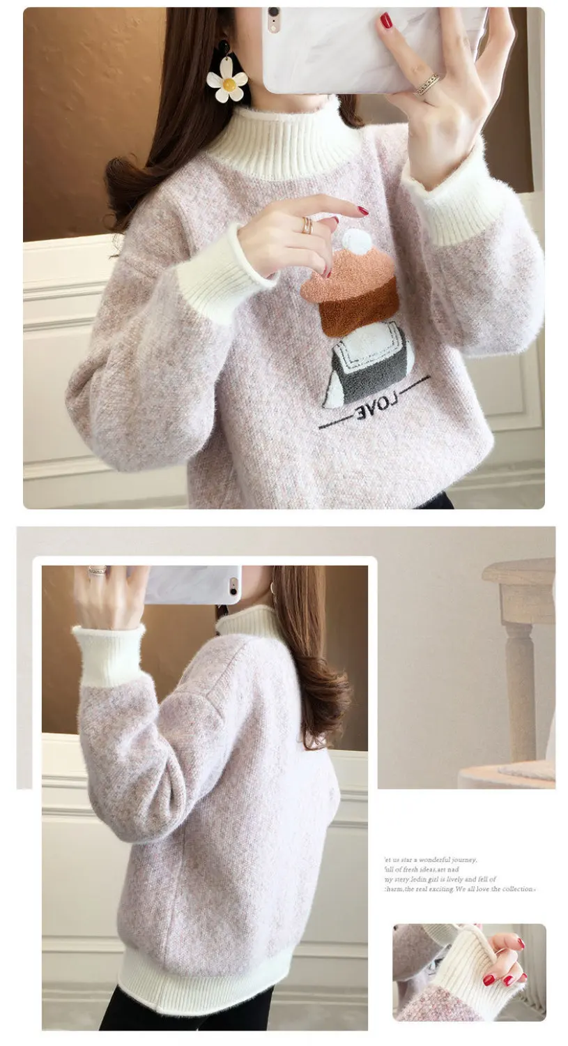 Autumn and Winter Sweater Female Lazy Wind Pullover Warm Knit Sweater Female New Fashion Versatile Half-high Neck Cute Girl Styl