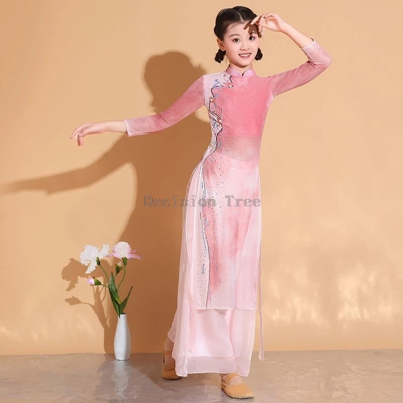 2026-new-girl-classical-dance-stage-performance-dress-children's-chinese-style-practice-dress-pink-cheongsam-pants-2-piece-set