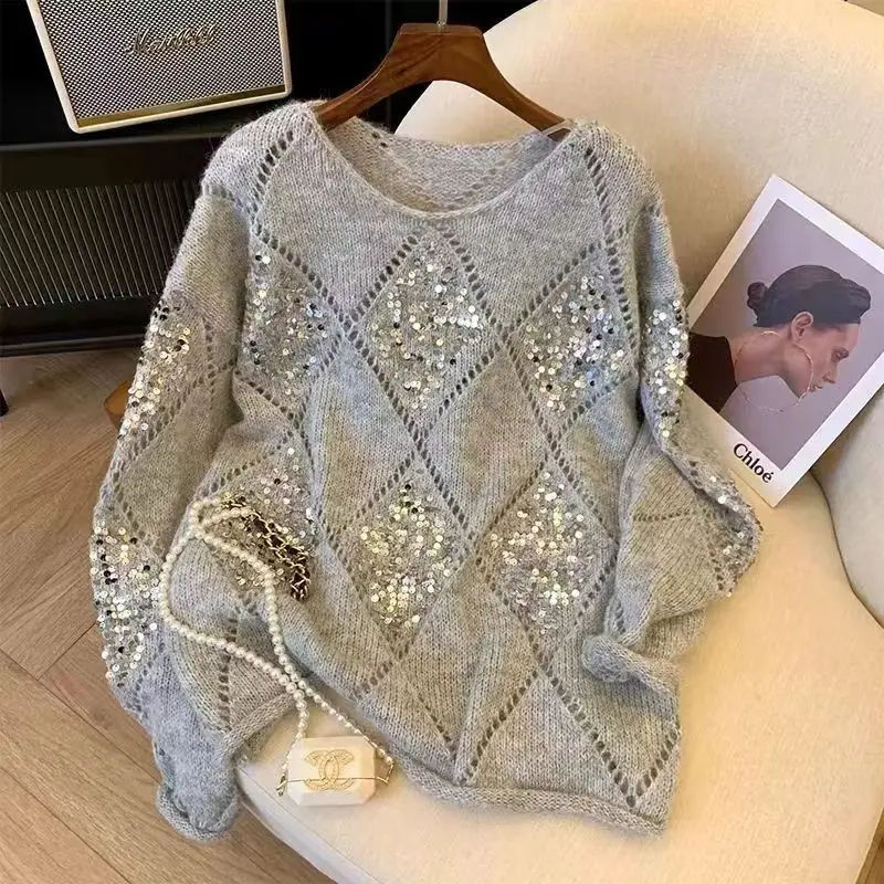 2024 Spring Autumn New Women\'s Solid Color Round Neck Spliced Hollow Out Sequined Fashion Loose Long Sleeve Sweater Knitted Tops