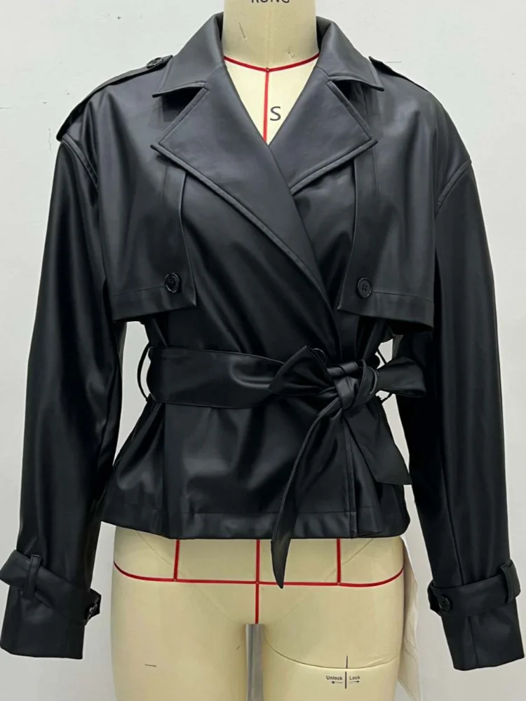 سترة جلدية سوداء أنيقة ذات طية صدر السترة للنساء عادية كم كامل الدانتيل يصل الخامس الرقبة فضفاضة سترات قصيرة 2025 سيدة التنقل اليومي أبلى جديد #3