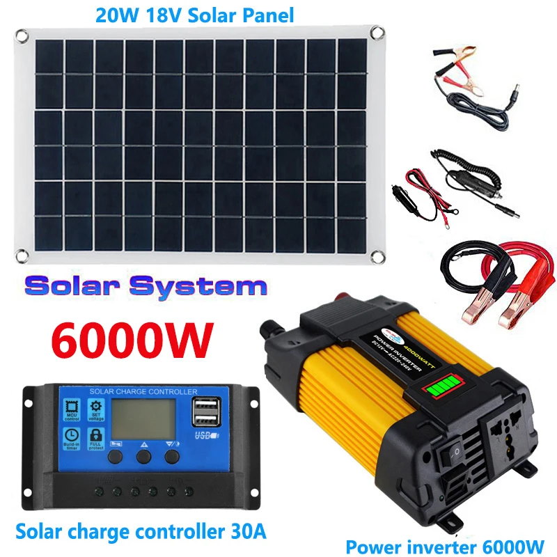 

12V to 110V/220V Solar Panel System 20W Solar Panel 30A Controller 6000W Modified Sine Inverter Power Generation Kit for Outdoor