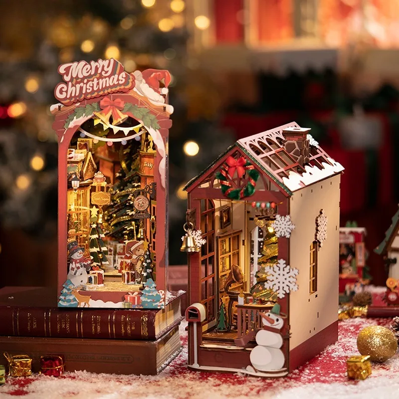 

Christmas Book Nook Kit DIY Hut Miniature Dolls House Bookstand 3D Wooden Puzzle Decoration Gift with LED Lights Xmas Street