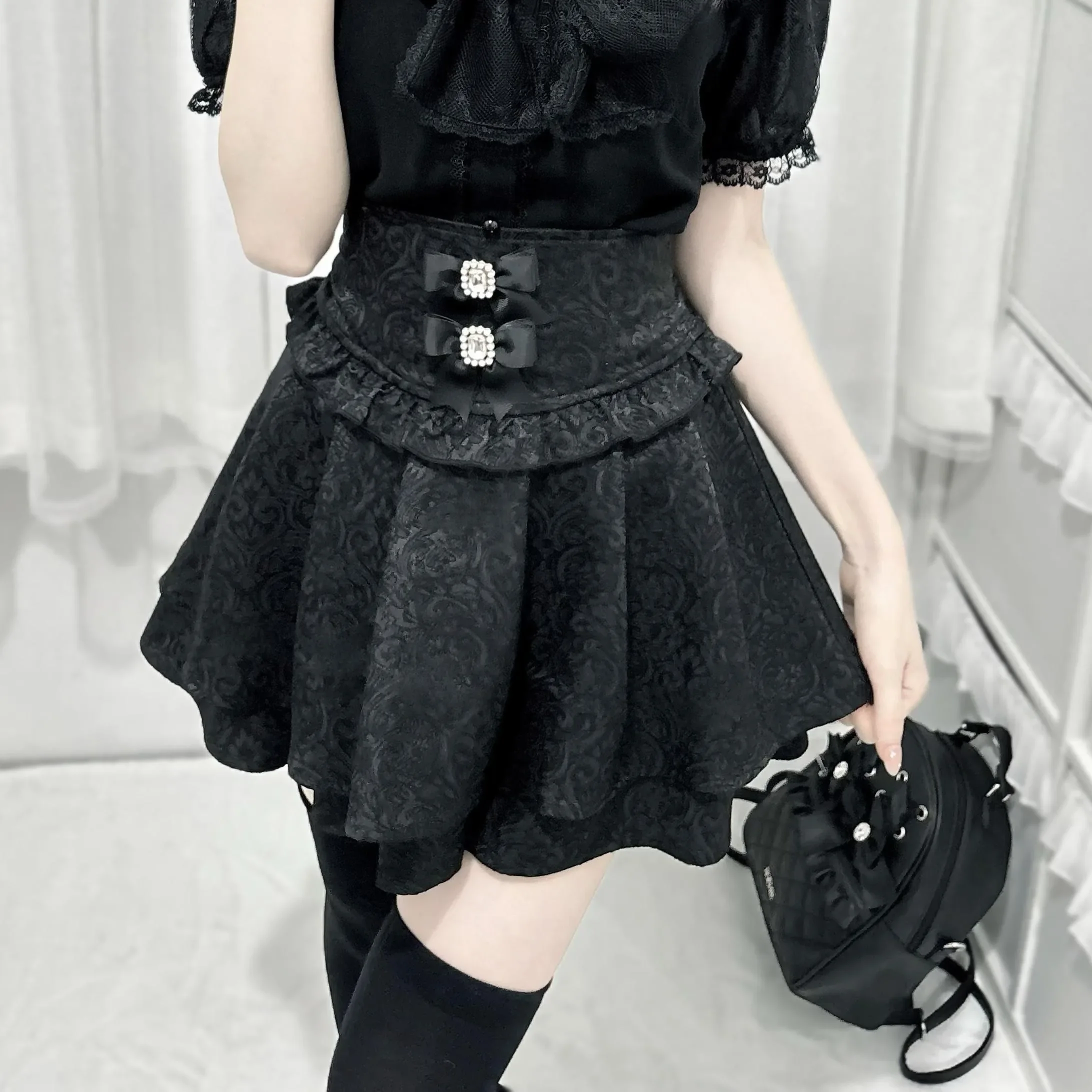 2024 New Summer Sweet Bow Double-Layer Dark Pattern High Waist Short Skirt Women Mass-Produced Mine Series Lolita Black Skirts