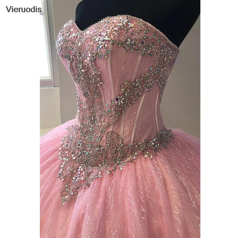 فساتين Quincea?era باللون الوردي اللامع والأزرق الحلو 16 مطرز بالترتر بدون أكمام فيستدو دي 15 Anos Quinceanera 2021 #3