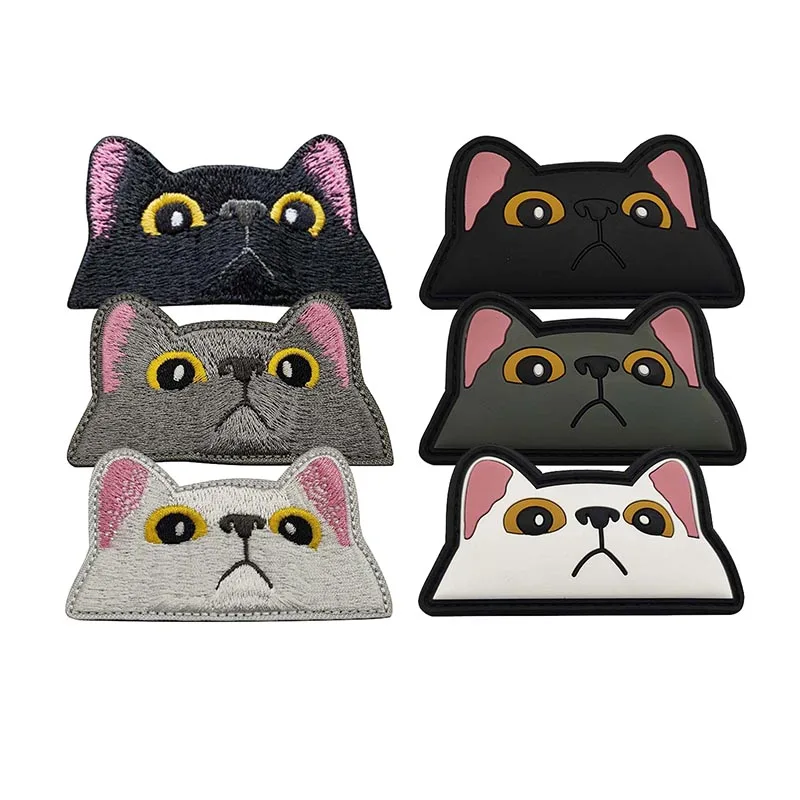 Emblemas táticos engraçados de rosto de gato, apliques bordados, adesivos de roupas, remendos de pvc 3d, emblemas de gancho e laço para mochila, roupas