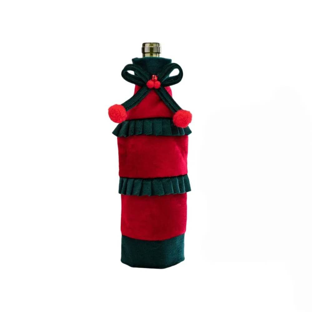 Bow Ruffled Christmas Velvet Bottle Cover 30cm 11.81in Bowknot Beer Bottle Cover Elegant Velvet Holiday Decoration