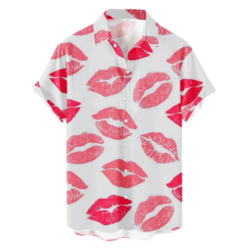 

Гавайская рубашка с полным принтом в форме сердца и любви, летние рубашки с короткими рукавами и пуговицами для вечеринок, одежда на День святого Валентина, мужские топы