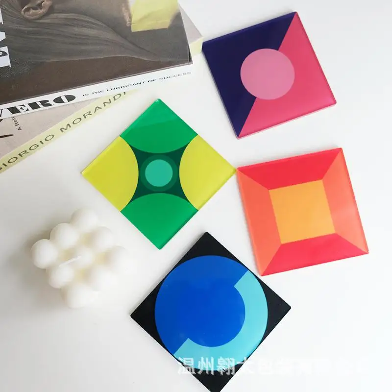 2pc 9.8cm Square Heat Insulation Pad. Nordic Coffee Shop Minimalist Geometric Pattern Round Acrylic Cup Holder.Perfume Decor Pad