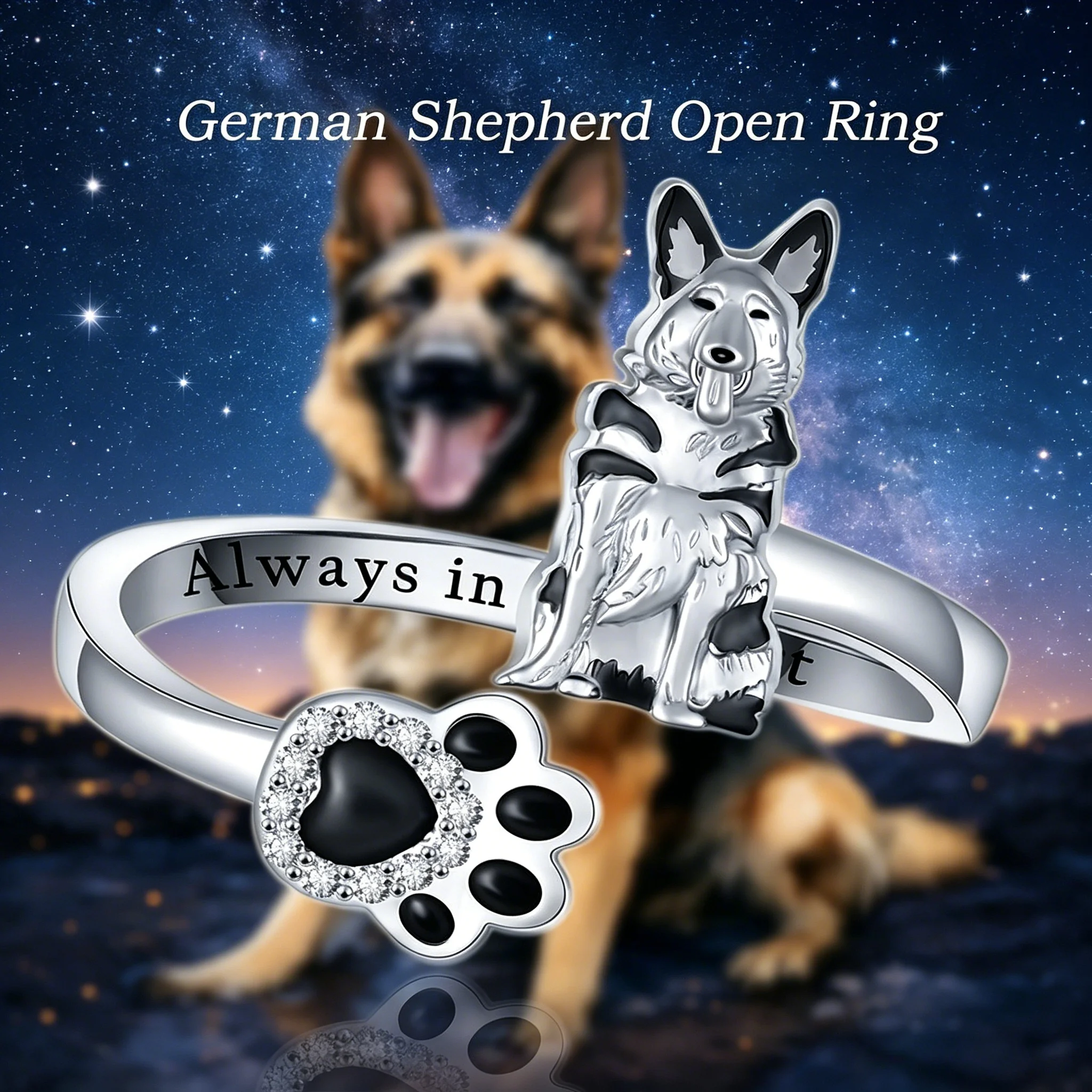 Two-Tone Zinc Alloy German Shepherd Ring Clear Faux Rhinestone Paw Print Dog Lover Gift for Women Girls