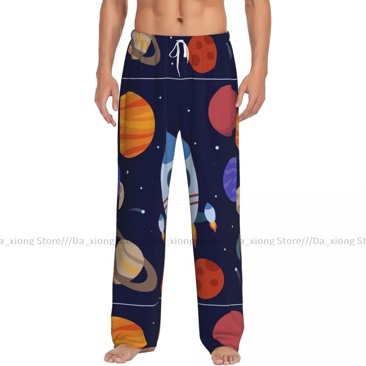 Men's Casual Pajama Sleeping Pants Cartoon Rocket In Space With Planets And Stars Lounge Loose Trousers Comfortable Nightwear